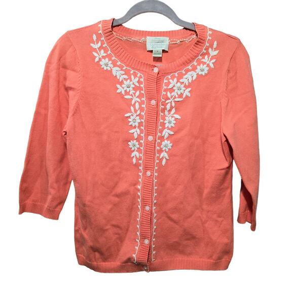 Coral Pink Orange Floral Embroidered Button Down Cardigan Sweater Size Small - Picture 1 of 9